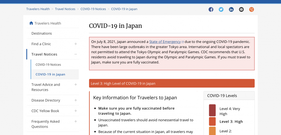 アメリカの感染症対策総合研究所が分析している日本渡航への危険性は？
